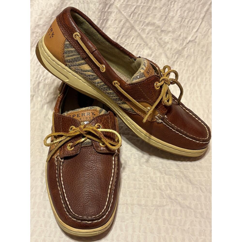 VTG Y2K Sperry Top Siders Women’s 9.5 Zebra Sequin Two Eye Leather Boat Shoes
